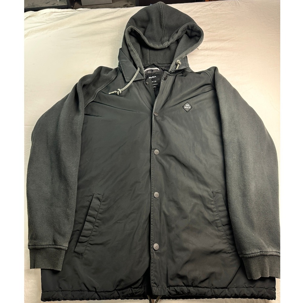 RVCA Mens Hooded Coaches Jacket Black Mixed Media Fleece Sleeve XL